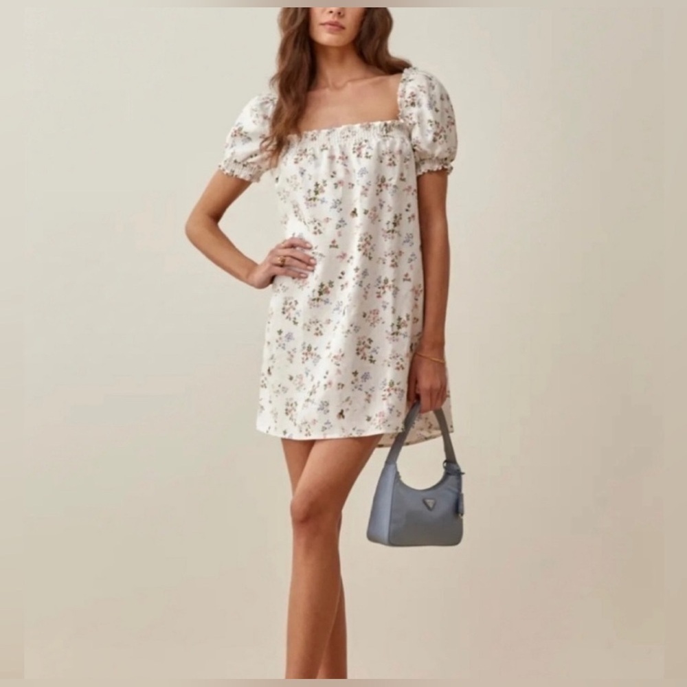 Reformation Carsen Linen Floral White‎ Mini Dress, Size M